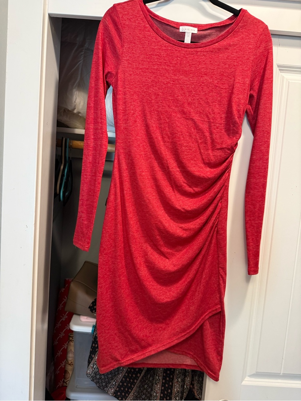 Red Long-Sleeve Ruched Asymmetrical Dress